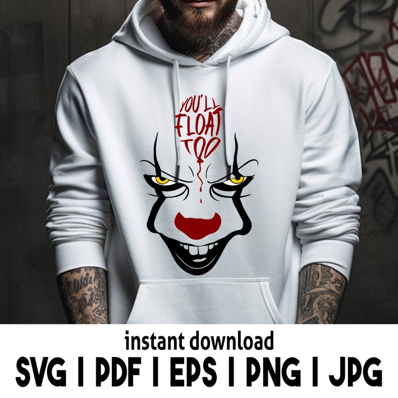 Puede incluir: Sudadera blanca con una ilustraci&oacute;n roja y negra de una cara de payaso con el texto "You'll Float Too" en la parte delantera.