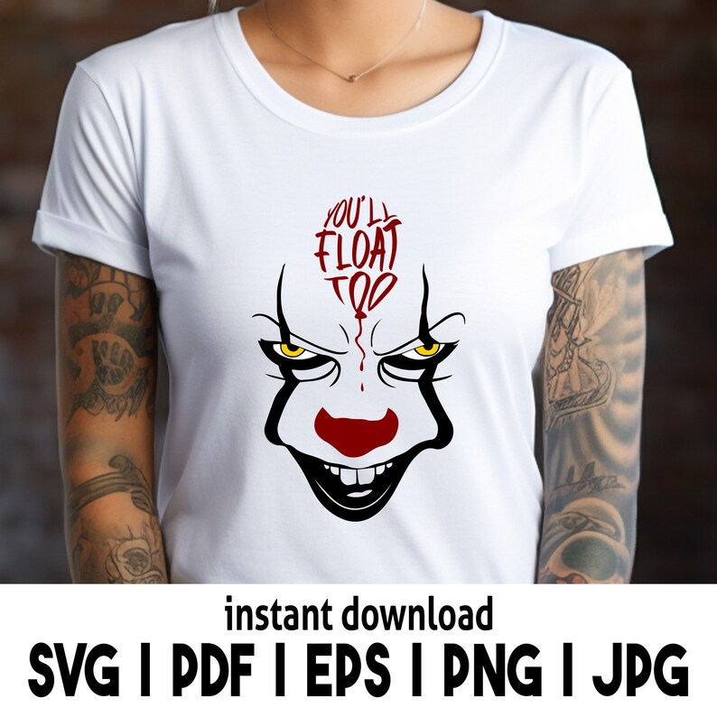Puede incluir: Camiseta blanca con un gr&aacute;fico de Pennywise el payaso de la pel&iacute;cula "IT". El gr&aacute;fico presenta la cara de Pennywise con una nariz roja y un globo que dice "T&uacute; tambi&eacute;n flotar&aacute;s".