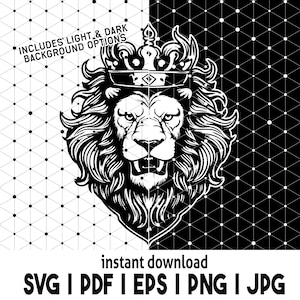 王冠付きライオンの頭 SVG | ライオンの紋章 SVG ファイル | ライオンのロゴ | アルファ svg | ライオン svg | 王冠 svg | 王冠付きライオンの頭 T シャツ デザイン svg