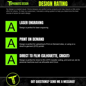 May include: A green graphic with the text "DESIGN RATING" in white. The graphic explains a rating system for designs based on their suitability for different printing methods, including laser engraving, print on demand, and direct to film. The rating system uses the letter "A" to indicate that a design is perfect for the specified method.