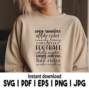 Autumn Things I Love List Design: Cozy Sweaters, Pumpkin Everything, apple cider, chilly nights and More!  fall list svg