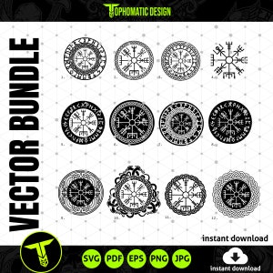 Conjunto SVG de brújula vikinga Vegvisir: colección completa de símbolos de brújula Vegvisir nórdicos y escandinavos para su proyecto de diseño vikingo