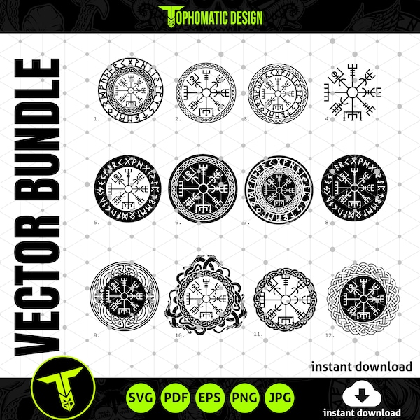 Vegvisir Viking Compass SVG Bundle Set - Full Collection of Norse and Scandinavian Vegvisir Compass symbols for your viking design project