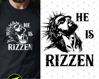 May include: Black and white graphic design featuring a silhouette of Jesus wearing a crown of thorns and sunglasses. The text "HE IS RIZZEN" is written in bold, white letters.
