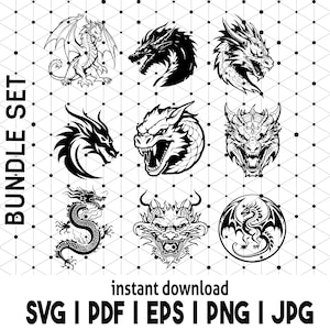 Dragon SVG Bundle Set | Variety of 18 Different Dragon Stencil and Logo Designs