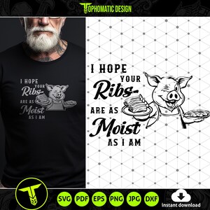 Może przedstawiać: Czarno-biały projekt graficzny z wieprzem trzymającym talerz z żebrami. Tekst brzmi: "Mam nadzieję, że twoje żebra są tak wilgotne jak moje".