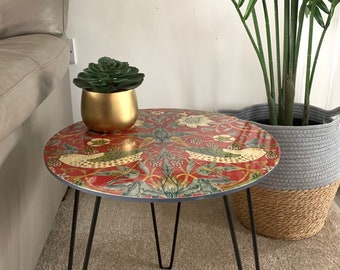 Large Crimson Strawberry Thief  William Morris Side Table / Coffee Table / Bedside Table / Occasional Table. Handmade. Unique.