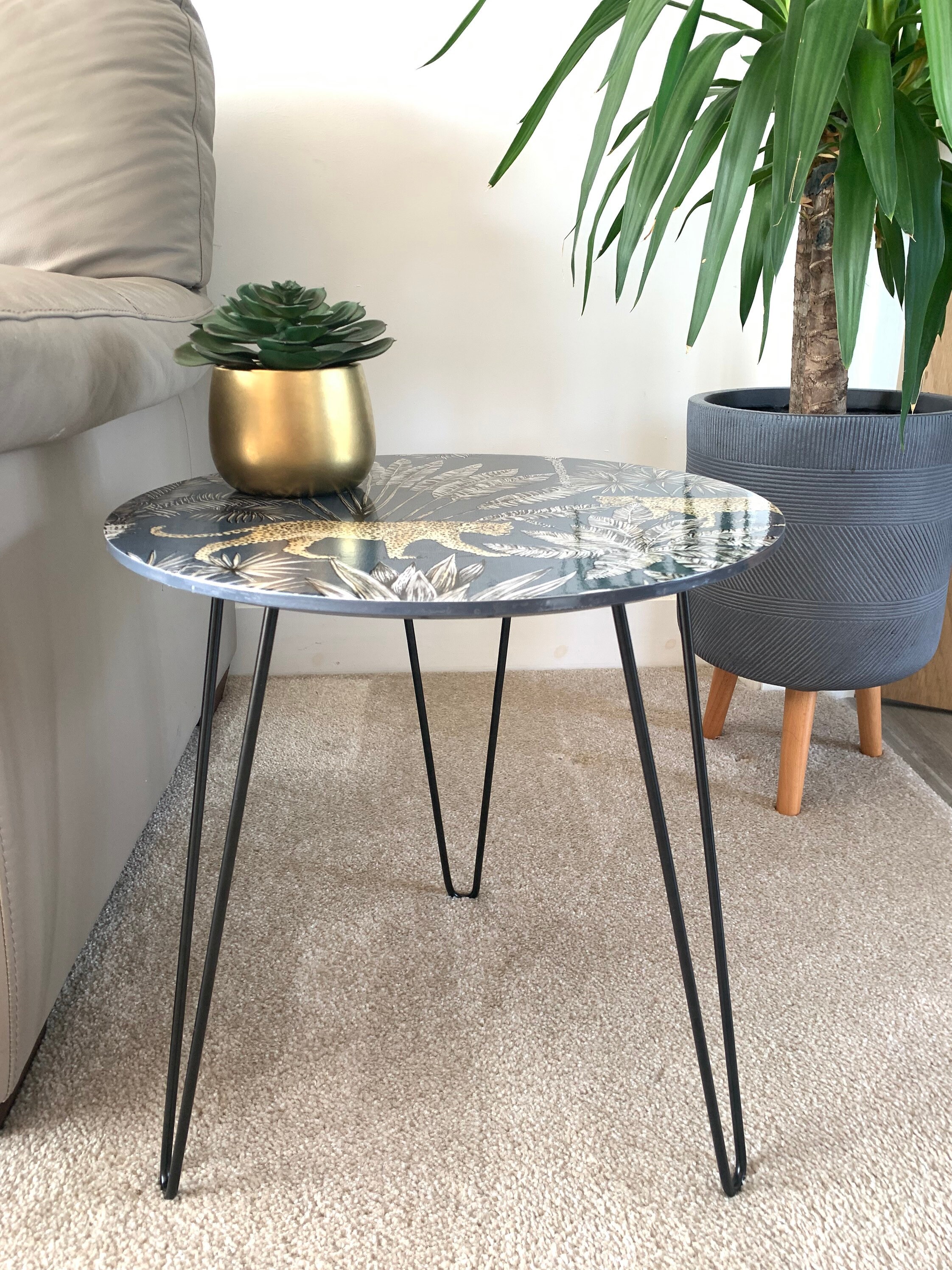 Bleopard Table Blue Black Savannah Leopard in Pampas Grass. Handmade Side Table ...