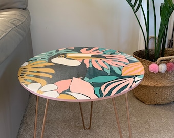 Tropical Toucan Blush Side Table / Coffee Table / Bedside Table. Rose Gold Metal Hairpin Legs Quirky Artisan Contemporary Modern Unique