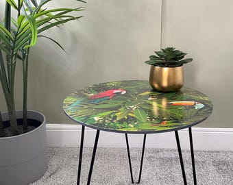 Tropical Parrot Side / Coffee / Bedside Table. Living room, Bedroom, Conservatory or Summer house. Artisan Unique  Handcrafted Quirky Retro