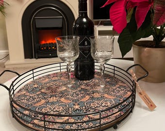 Handmade Solid Wood and Metal  Strawberry Thief Coffee Table Tray, Breakfast Tray, Kitchen Tidy, Bathroom Tidy, Ottoman / Footstool Tray.
