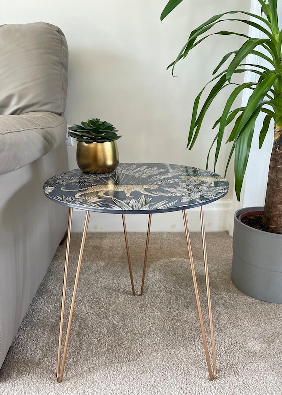 Blue Gold Savannah Leopard in Pampas Grass. Handmade Side Table / Coffee Table / Bedside Table / Occasional Table. Rose Gold Hairpin Legs.