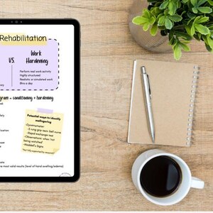 Op de afbeelding: Een digitale tablet met een studiegids getiteld Rehabilitation en Work Hardening met opsommingstekens, een spiraalnotitieboek met een zilveren pen en een witte keramische mok gevuld met zwarte koffie op een licht houten oppervlak.