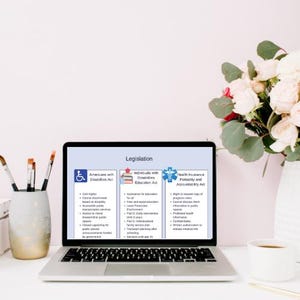 May include: A laptop displays information about legislation, including the Americans with Disabilities Act, Individuals with Disabilities Education Act, and Health Insurance Portability and Accountability Act. A vase of flowers, paintbrushes, and a cup of coffee are also on the white desk.