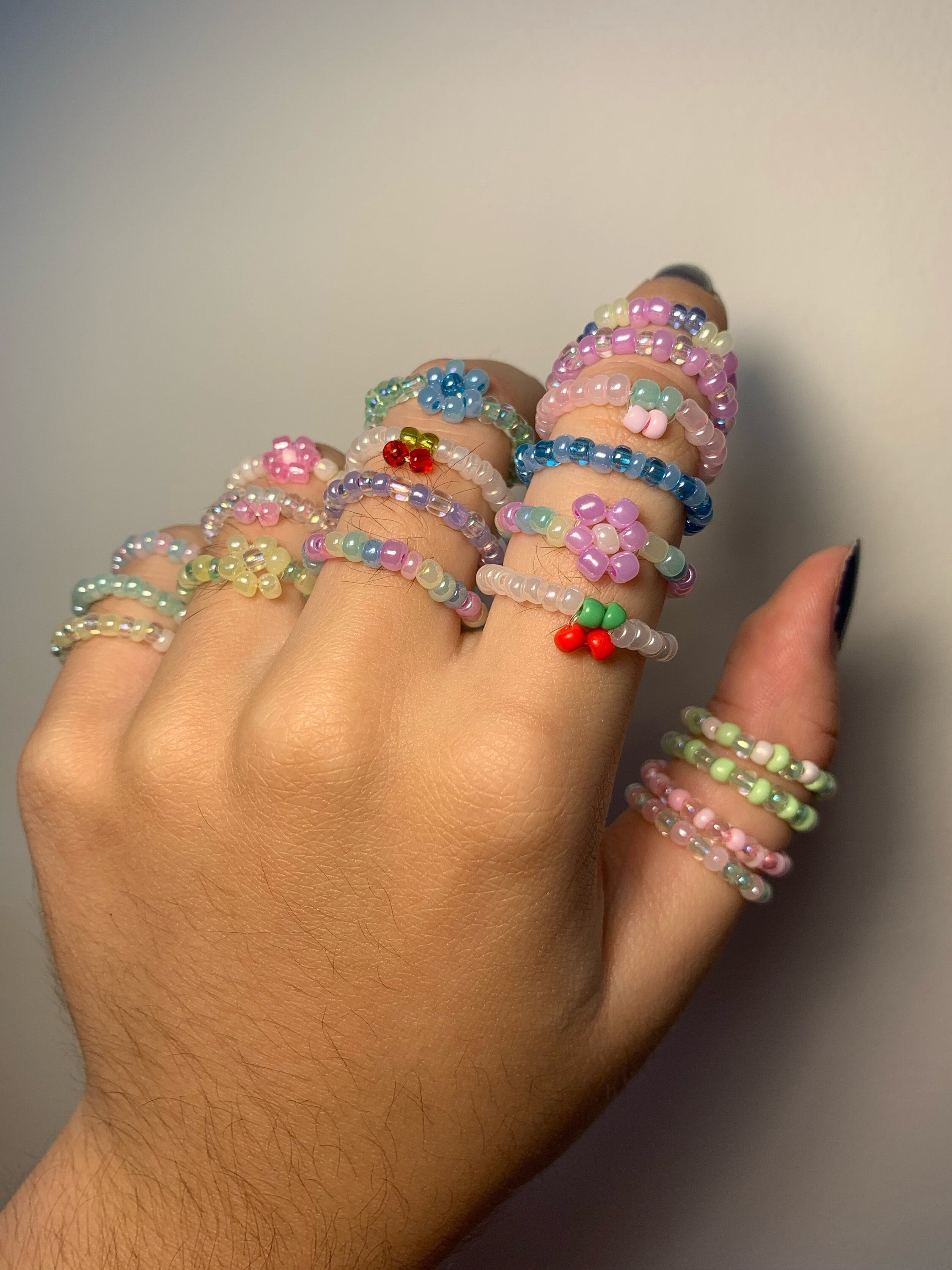 Dainty Beaded Rings Cherry Stackable Trendy Flower Handmade Etsy