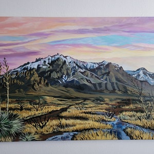 Original New Mexico, Winter Snow Mountain Range Sunset Sky, Acrylic Painting