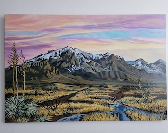 Originale Nuovo Messico, Winter Snow Mountain Range Sunset Sky, Pittura acrilica