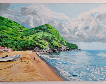 Dipinto acrilico di Tropical Beach, San Telmo Michoacan MX. Realismo