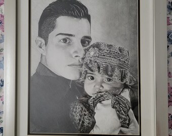 Disegno a matita originale, fotorealismo, persone, grafite, padre e figlia