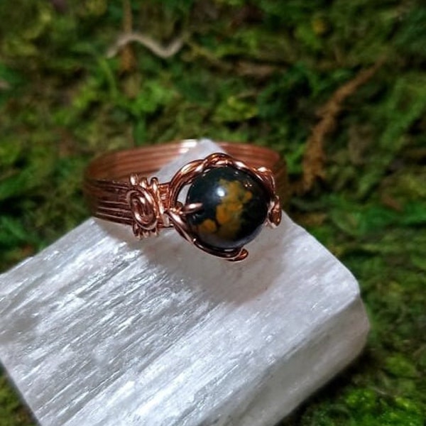 Bloodstone Ring, Copper, Wire Wrapped, Handmade, Custom Sized, gift, authentic stone, genuine stone, sizes 3-15, mens, womens,