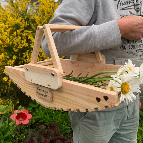 Wooden Garden Trug With Fold Down Handle - Can be Personalised