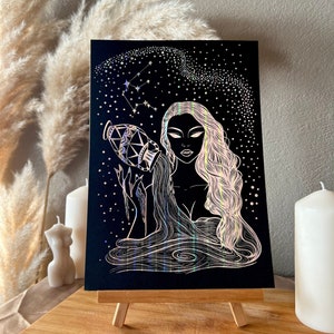 Aquarius Zodiac star sign - Foil Print | Wall Art | Home Decor | Gift | Real Gold Foil | Holographic | Iridescence