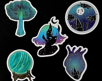 10 Sets of 5 Witchy Stickers | Black Magic | Witchcraft | Gothic | Black & White | Spirits | Potion | Moon | Skull | Dark | Candle Stickers