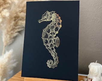 Seahorse Wall Decor, Gold Foil Print, Sea Horse Artwork, Nautical Beach Home Decorations, Decorative Coastal Wall Art Decoration