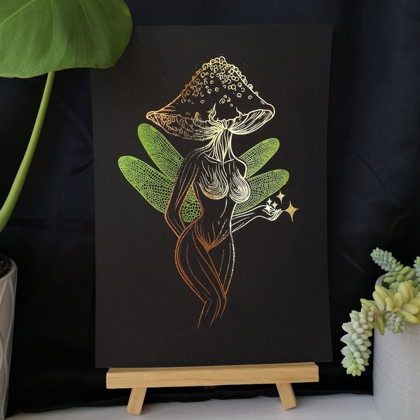 Mushroom Goddess - Gold Foil Print | Wall Art | Home Decor | Gift | Woman body with mushroom head