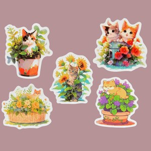 Niedliche Katzenaufkleber mit Pflanzen | Katze in Pflanze Sticker | Wildkatzen Aufkleber | Blumentopf gelb | Katzen Liebhaber Aufkleber Geschenk | Plant Mom Aufkleber