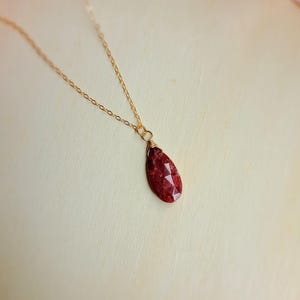 Könnte beinhalten: Eine goldene Kettenkette mit einem tropfenförmigen roten Edelstein-Anhänger.