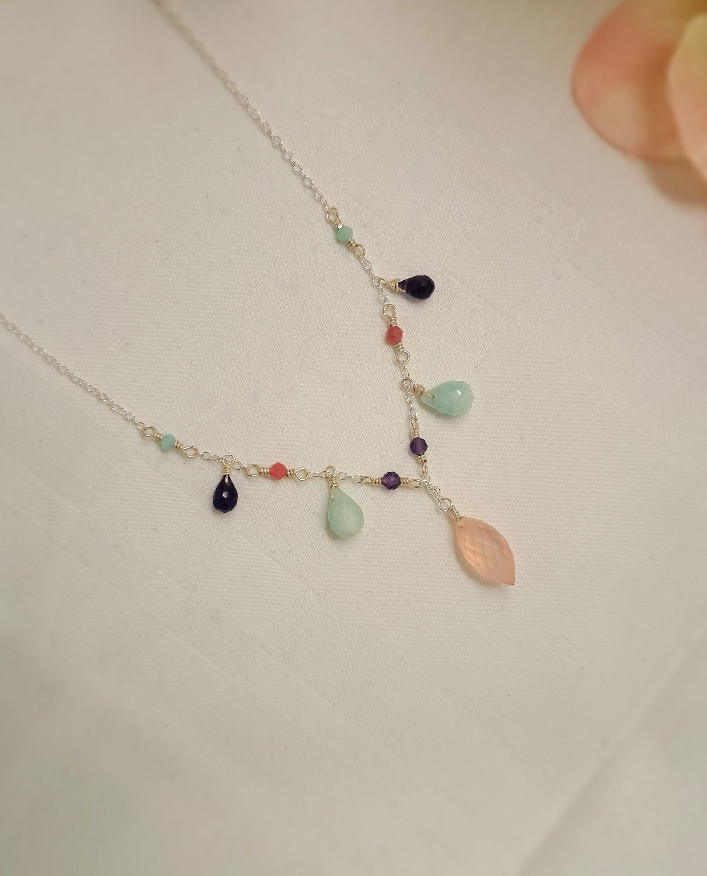 925 Sterling Silver Chalcedony Necklace with Rhodonite, Amethyst and Amazonite