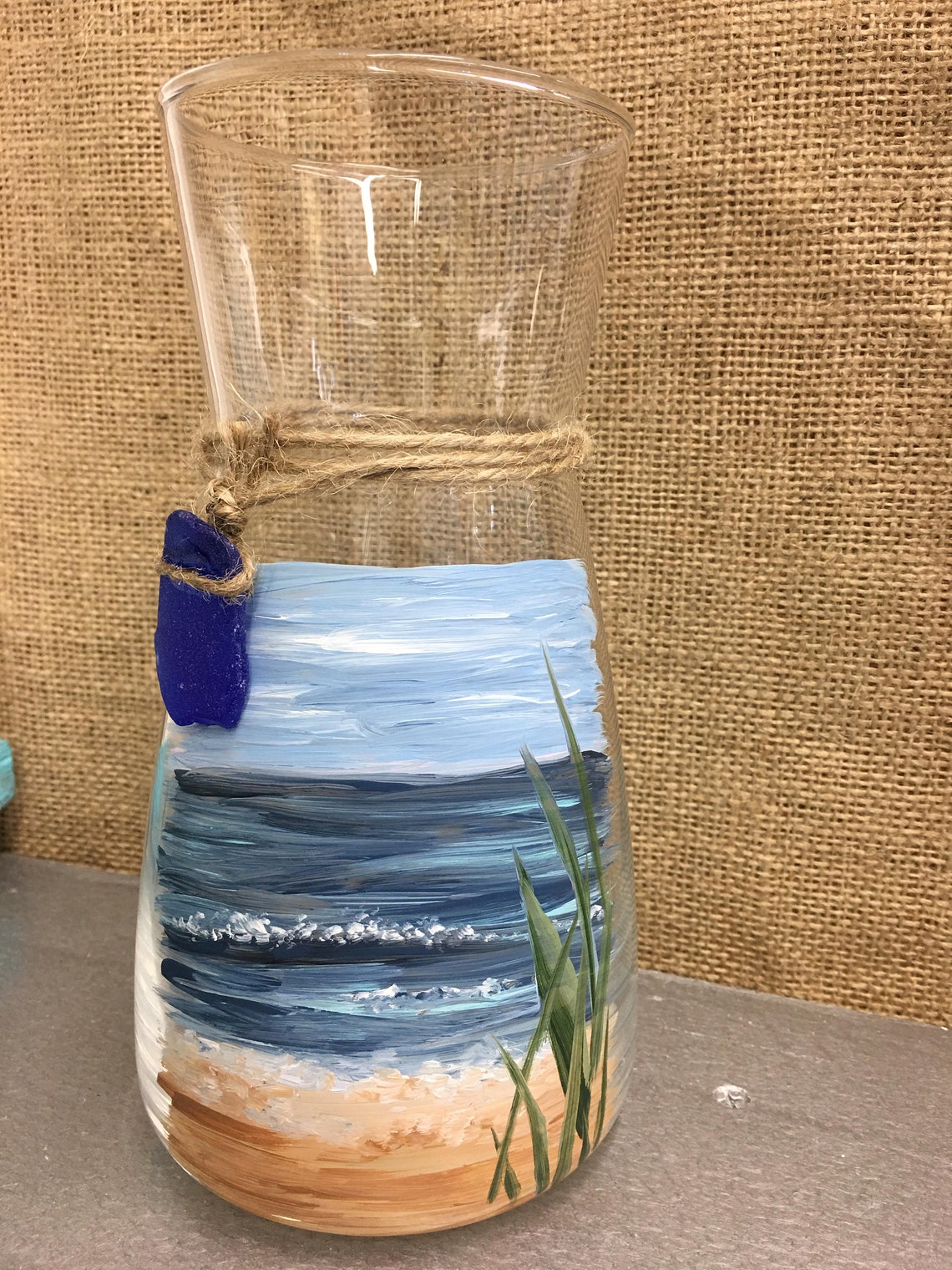Handpainted Beach scene Vase Rustic seaglass painted wave Etsy