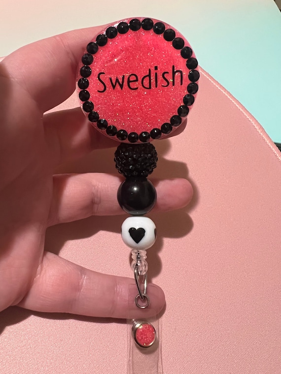 Swedish Hospital Badge Reel, Cute Coral Pink, Black Rhinestones