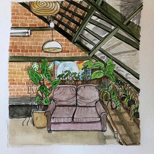 May include: A watercolor painting of a living room with a brown couch, a potted plant, and a hanging light fixture. The room has a brick wall and a wooden ceiling with a skylight.