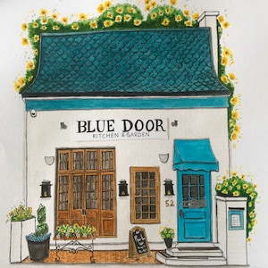 Blue Door Kitchen & Garden – Chicago Restaurant Art Print, Hand-Painted Urban Bistro Illustration
