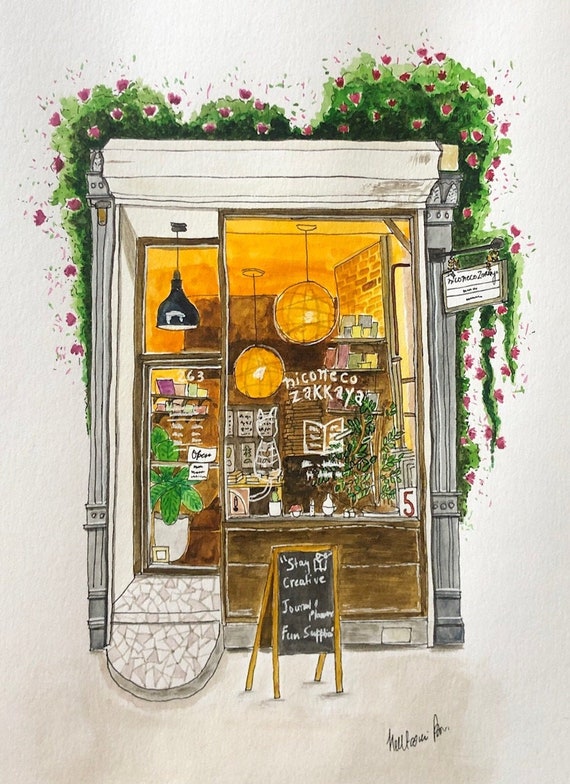 なな Art work Studio CAFE NYC Sign 2点 Japanese Stationery Store Watercolor Print – Cozy New York Shop