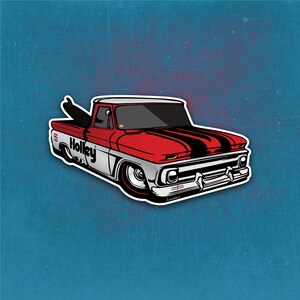 May include: A red and white vintage pickup truck with black racing stripes and the word "Holley" on the side. The truck has a surfboard in the bed.