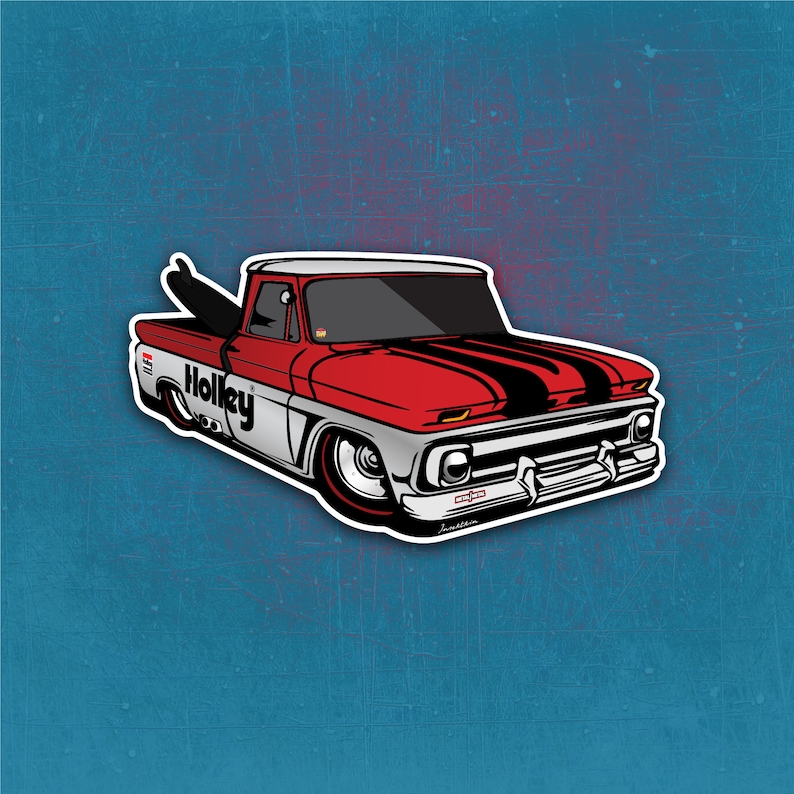 May include: A red and white vintage pickup truck with black racing stripes and the word "Holley" on the side. The truck has a surfboard in the bed.