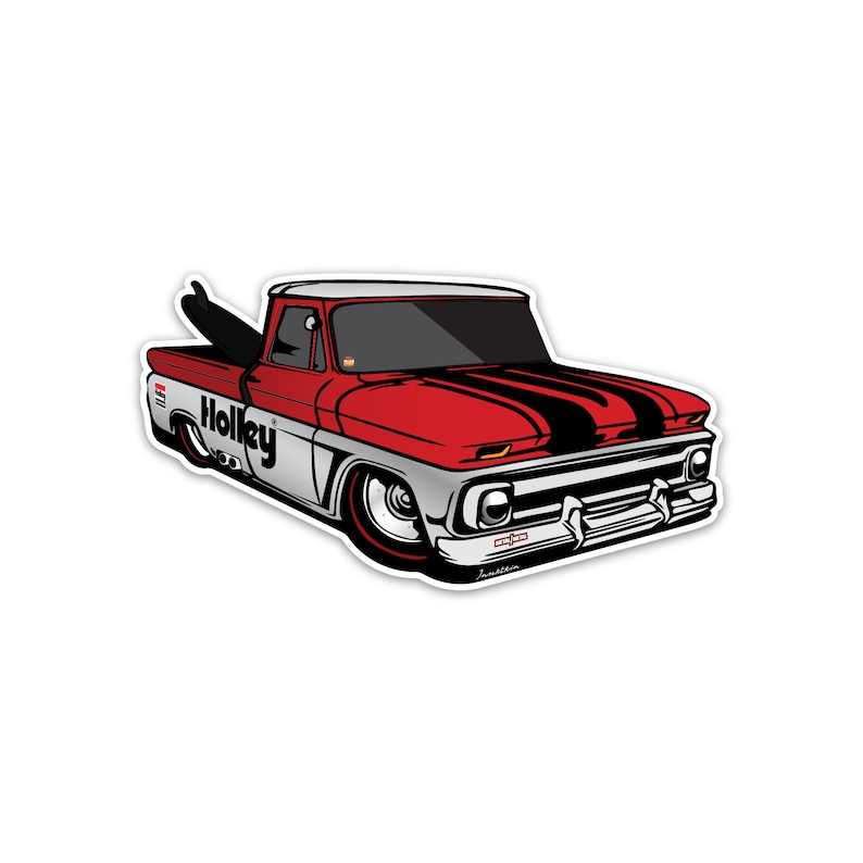 May include: A red and white vintage pickup truck with black racing stripes on the hood. The truck has a surfboard in the bed and the word "Holley" printed on the side.