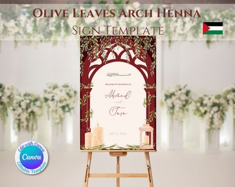 May include: A printable sign template for a henna party with an olive branch arch design. The sign is red with white text and features the names "Ahmed and Tara" and the date "Oct 4, 2024".