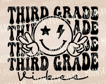 May include: Black and white graphic design with the text "Third Grade" in a retro font. The design features a smiley face with a star and lightning bolt, and the words "Third Grade" are repeated multiple times.
