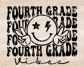 May include: Black and white graphic design with the text "Fourth Grade Vibes" in a retro font. A smiley face with a lightning bolt and star is in the centre of the design.