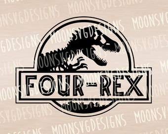 May include: Black and white graphic design of a dinosaur skeleton inside a circle with the text "FOUR-REX" below it.