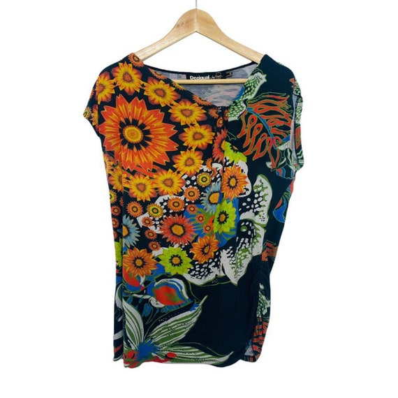 DESIGUAL Multicoloured Floral Scoop Neck T Shirt Size XXL 