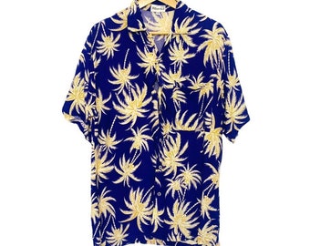 Vintage Retro Men Italian Hawaiian Purple Palm Tree Crazy Print Short Sleeve Collared Shirt Size M