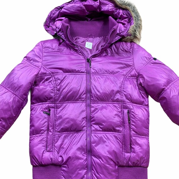Purple puffer jacket online with fur hood