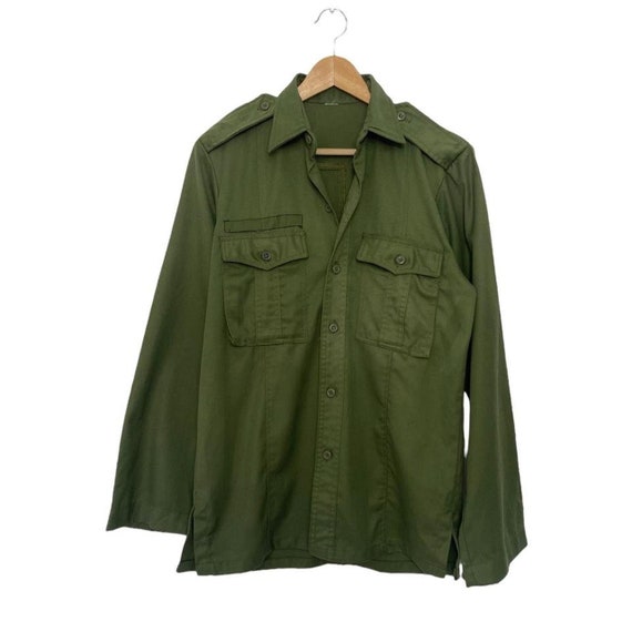Vintage Women Retro Khaki Green Army Style Shacket Coat Shirt Size M