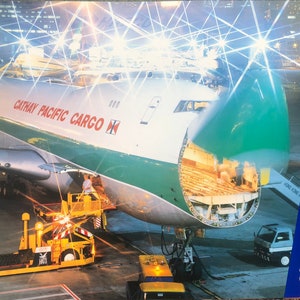 Cathay Pacific Cargo Boeing B747Freighter Night shot Poster on the ground in Hong Kong Kai Tak Airport 1980’s - Nose Door Open