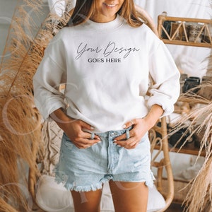 Crewneck Mockup | sweater mockup, Boho Mockups, gildan mockups, gildan crewneck, bella canvas mockups, female mockups, women&#39;s mockups